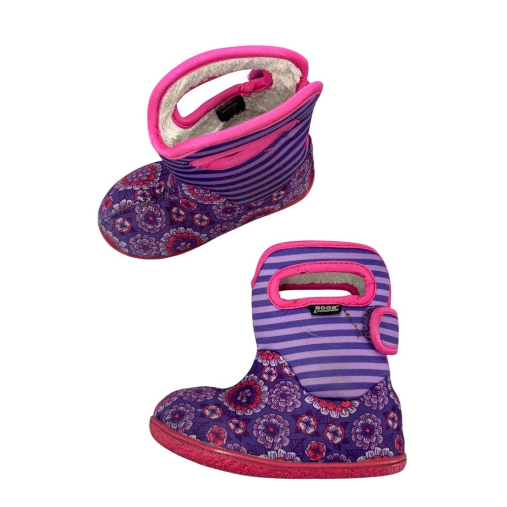 Bogs Baby Waterproof Boots Purple Pink Floral Striped Pull On Size 8 Kids